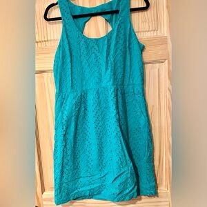 Size 8 Loft Teal Eyelet Dress with Pockets and Back Cut Out